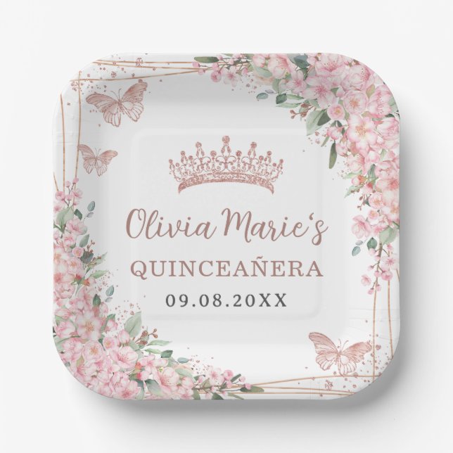 Cherry Blossoms Rose Gold Butterflies Quinceanera Paper Plate (Front)