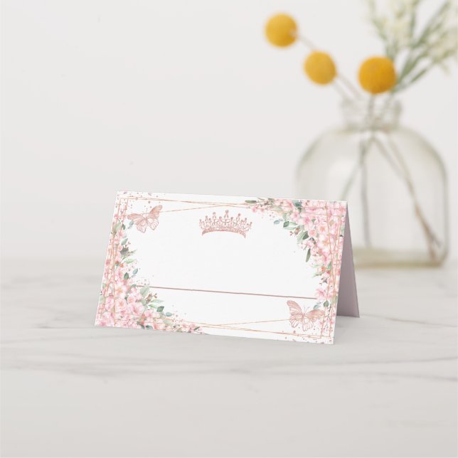Cherry Blossoms Rose Gold Butterflies Quinceañera Place Card (Front)