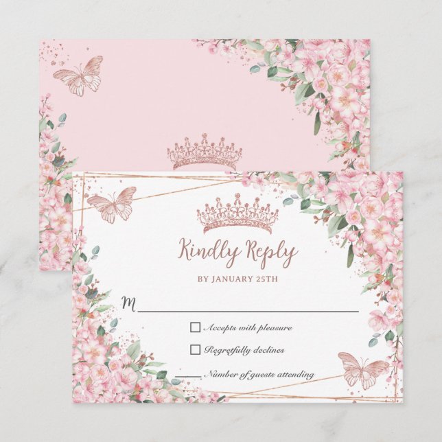 Cherry Blossoms Rose Gold Butterflies Quinceañera RSVP Card (Front/Back)