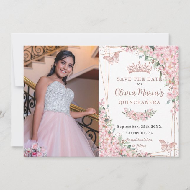 Cherry Blossoms Rose Gold Butterflies Quinceañera Save The Date (Front)
