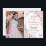 Cherry Blossoms Rose Gold Butterflies Quinceañera Save The Date<br><div class="desc">Personalise this pretty cherry blossoms Quinceañera / Sweet 16 birthday photograph save the date easily and quickly. Simply click the customise it further button to edit the texts, change fonts and fonts colours. Featuring beautiful watercolor cherry blossoms flowers, rose gold butterflies and a rose gold geometric frame. Matching items available...</div>
