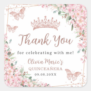 Cherry Blossoms Rose Gold Butterflies Quinceanera Square Sticker