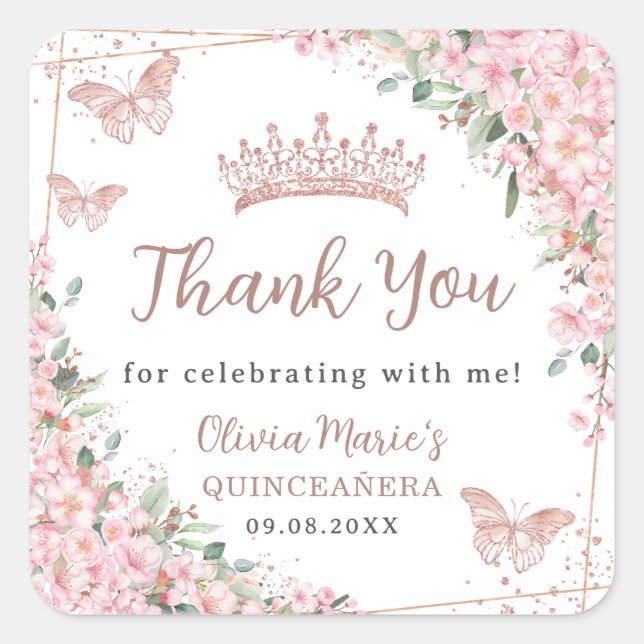 Cherry Blossoms Rose Gold Butterflies Quinceanera Square Sticker (Front)