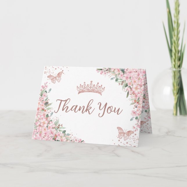 Cherry Blossoms Rose Gold Butterflies Quinceañera Thank You Card (Front)