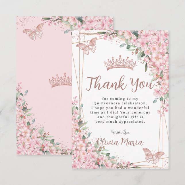 Cherry Blossoms Rose Gold Butterflies Quinceañera Thank You Card (Front/Back)