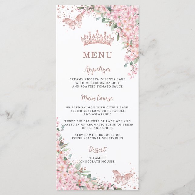 Cherry Blossoms Rose Gold Butterflies Slim Menu  (Front)
