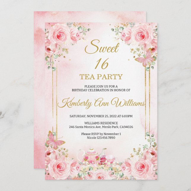 Cherry Blossoms Rose Gold Butterflies Sweet 16  Invitation (Front/Back)