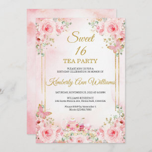 Cherry Blossoms Rose Gold Butterflies Sweet 16 Invitation