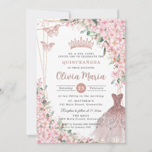Cherry Blossoms Rose Gold Dress Gown Quinceañera Invitation