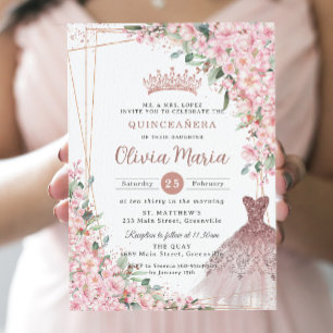 Cherry Blossoms Rose Gold Dress Gown Quinceañera Invitation