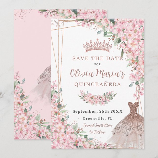 Cherry Blossoms Rose Gold Dress Gown Quinceañera Save The Date (Front/Back)