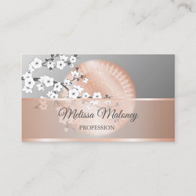 Cherry Blossoms Rose Gold Grey Mandala Floral Business Card (Front)