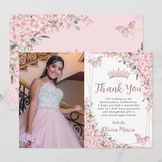 Cherry Blossoms Rose Gold Quinceañera 16th Photo Thank You Card (Front/Back)