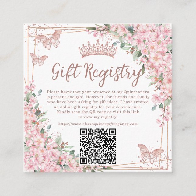 Cherry Blossoms Rose Gold Quinceanera QR Gift  Enclosure Card (Front)