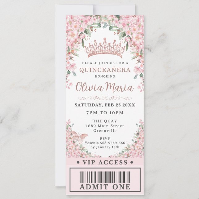 Cherry Blossoms Rose Gold Quinceañera VIP Ticket Invitation (Front)