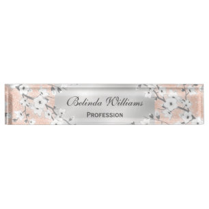 Cherry Blossoms Rose Gold Silver Nameplate