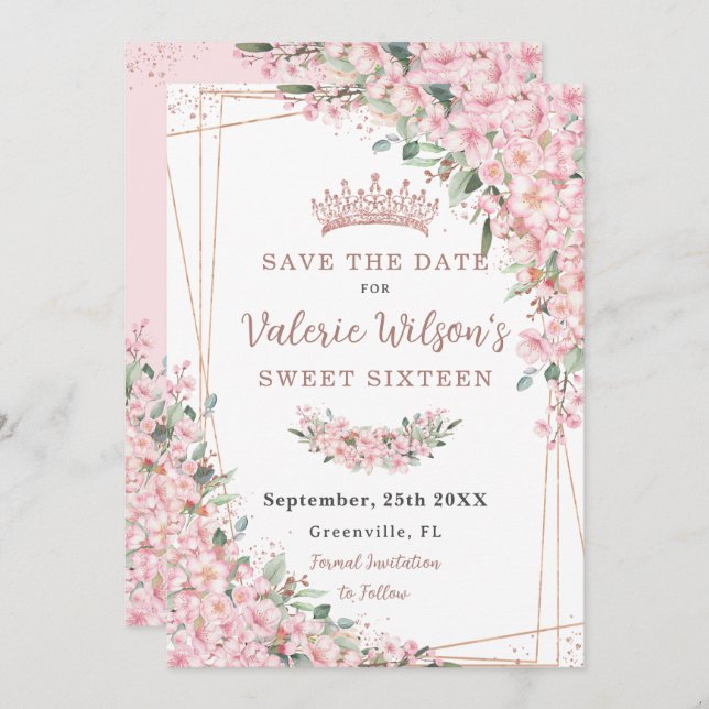 Cherry Blossoms Rose Gold Sweet 16 Quinceañera Save The Date (Front/Back)