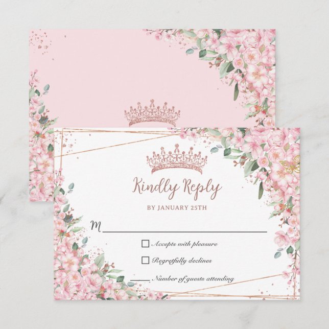 Cherry Blossoms Rose Gold Sweet 16 Quinceañera XV RSVP Card (Front/Back)