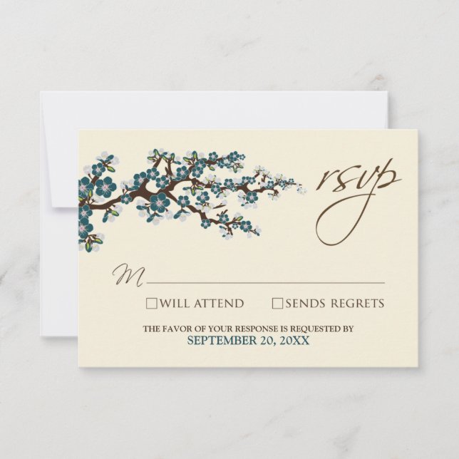 Cherry Blossoms RSVP Card (teal) (Front)