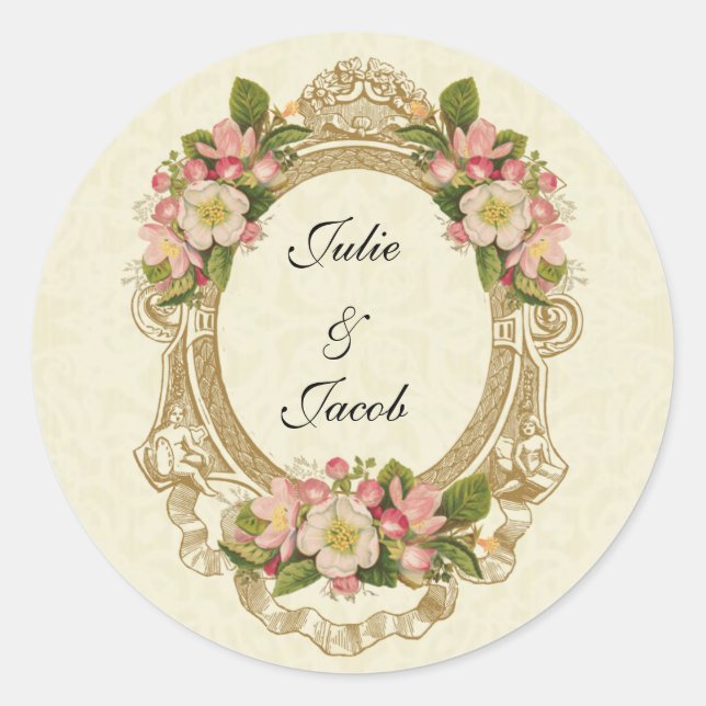 Cherry Blossoms Scripture Vintage Wedding Classic Round Sticker (Front)