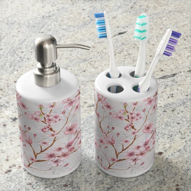 Cherry Blossoms Soap Dispenser And Toothbrush Holder (Front)