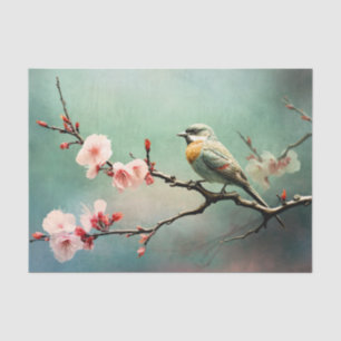 Cherry Blossoms Sparrow Turquoise Sky Bird Floral Tissue Paper