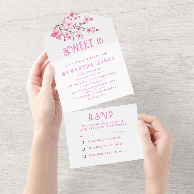 Cherry Blossoms Sweet 16 Floral Sixteen Sakura  Al All In One Invitation (Tearaway)