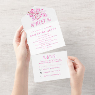 Cherry Blossoms Sweet 16 Floral Sixteen Sakura All In One Invitation