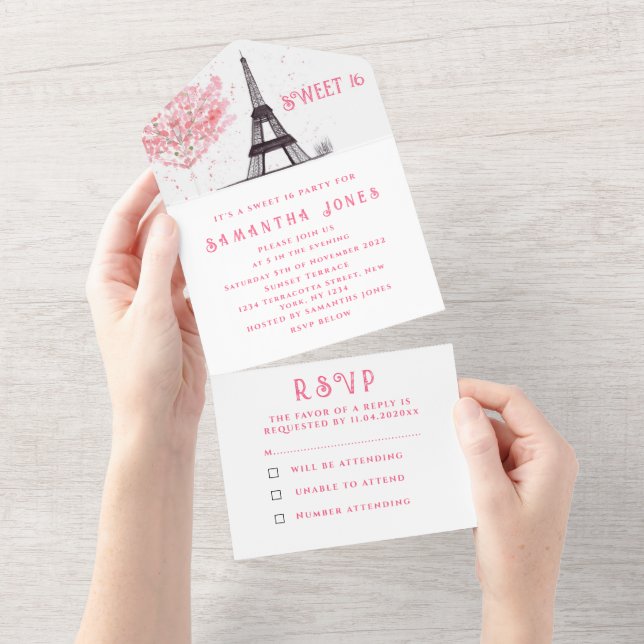 Cherry Blossoms Sweet 16 Paris Sixteen Sakura  All In One Invitation (Tearaway)