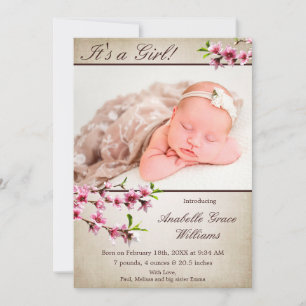 Cherry Blossoms Tan Photo Birth Announcement