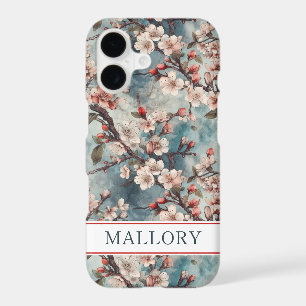 Cherry Blossoms Teal Sakura Print Monogrammed