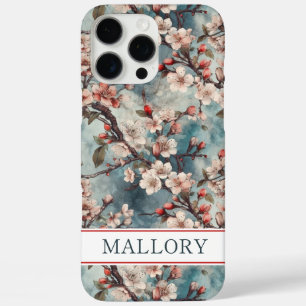 Cherry Blossoms Teal Sakura Print Monogrammed iPhone 16 Pro Max Case