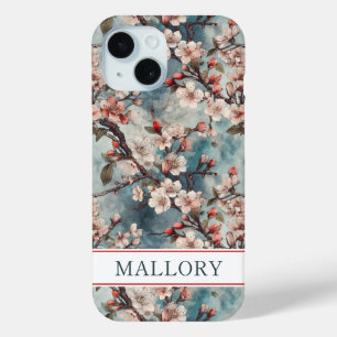 Cherry Blossoms Teal Sakura Print Monogrammed iPhone 15 Case