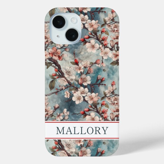 Cherry Blossoms Teal Sakura Print Monogrammed Case-Mate iPhone Case (Back)