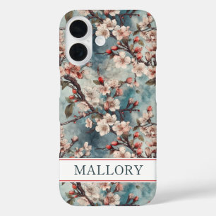 Cherry Blossoms Teal Sakura Print Monogrammed iPhone 16 Case