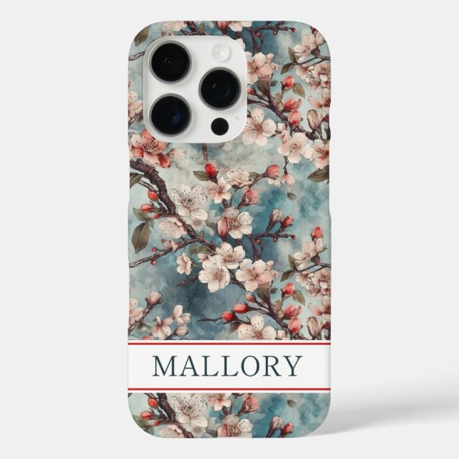 Cherry Blossoms Teal Sakura Print Monogrammed Case-Mate iPhone Case (Back)