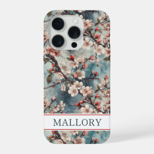 Cherry Blossoms Teal Sakura Print Monogrammed iPhone 15 Pro Case