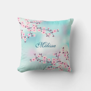 Cherry Blossoms Turquoise Background Cushion
