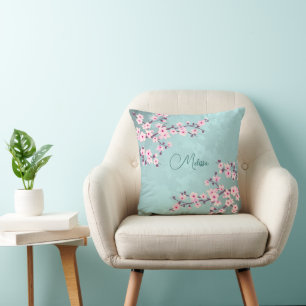 Cherry Blossoms Turquoise Monogram Cushion