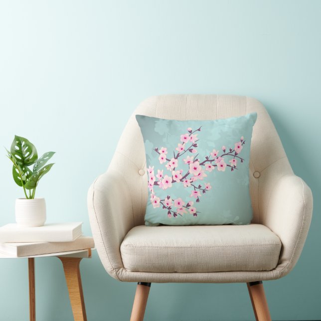 Cherry Blossoms Turquoise Monogram Cushion (Chair)