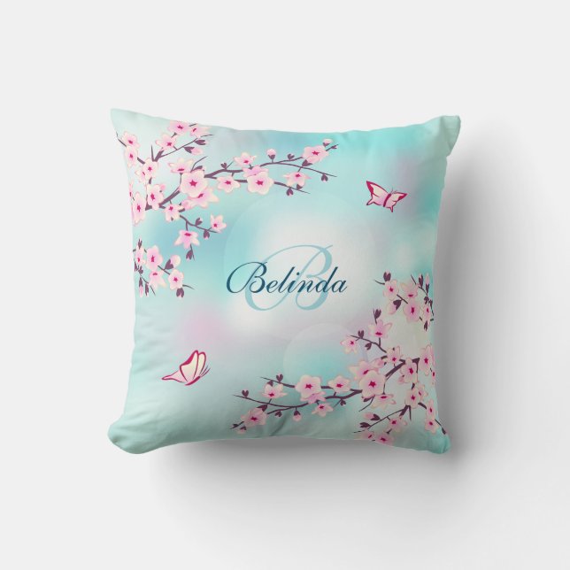 Cherry Blossoms Turquoise Monogram Floral Cushion (Front)