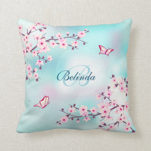 Cherry Blossoms Turquoise Monogram Floral Cushion