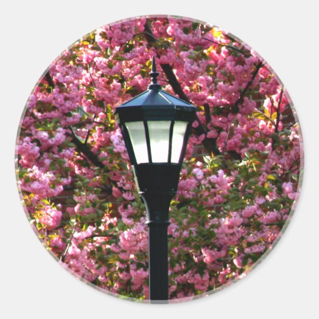 Cherry Blossoms Victorian Lamp Post Scenic Pretty Classic Round Sticker (Front)