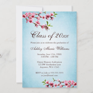 Cherry Blossoms Vintage Blue Graduation Invitation