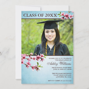 Cherry Blossoms Vintage Blue Photo Graduation Invitation