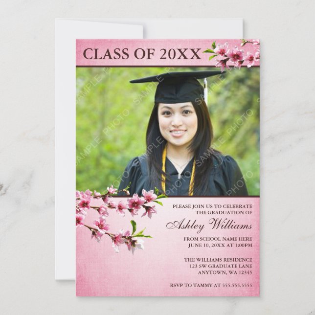 Cherry Blossoms Vintage Pink Photo Graduation Invitation (Front)