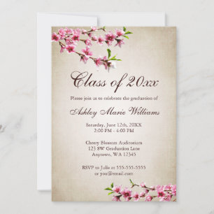 Cherry Blossoms Vintage Tan Graduation Invitation