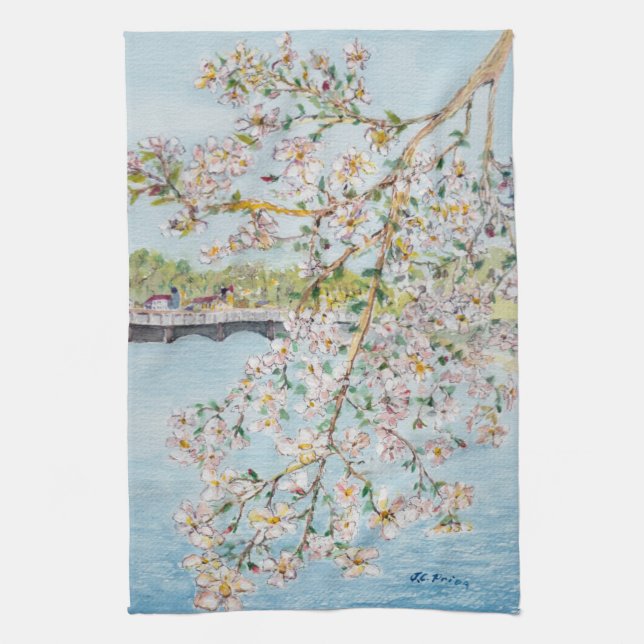 Cherry Blossoms Washington DC Painterly Watercolor Tea Towel (Vertical)