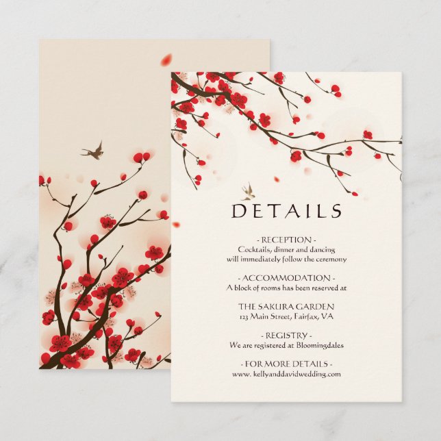 Cherry Blossoms Watercolor Floral Wedding Details Invitation (Front/Back)