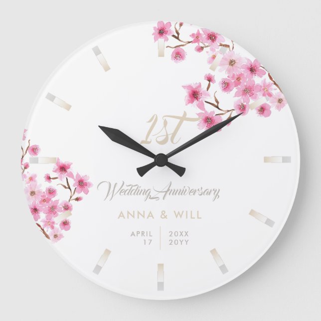 Cherry Blossoms Watercolor Wedding Anniversary Large Clock (Front)